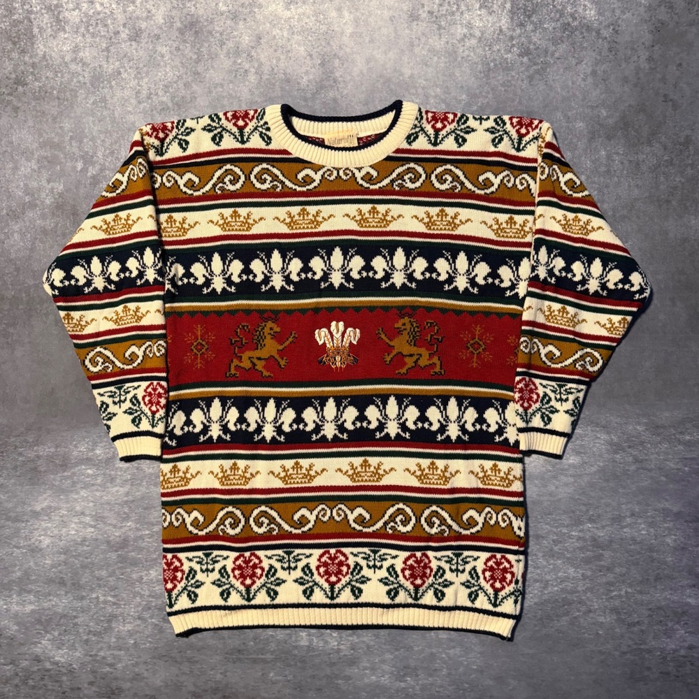 VTG 90s Natural England Heraldic Sweater Crown Lion Baroque Jacquard Knit Mens L